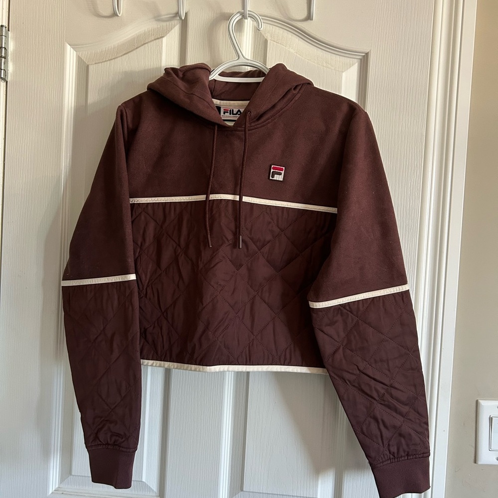 Fila Brown Quilted Cropped Hoodie sporty chic 90s embroidered Athleisure Retro